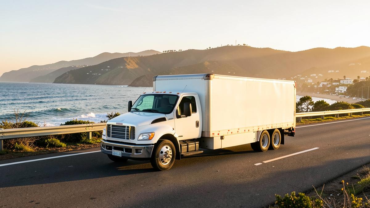 Auto transport carrier on a sunlit coastal highway serving the California to Florida route