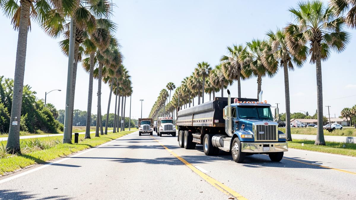 Car carrier truck traveling a palm-lined Florida highway on the New York to Florida lane
