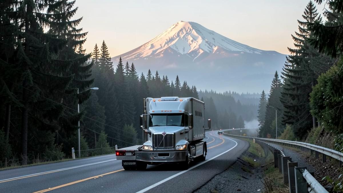 Car transport truck on a forested Pacific Northwest interstate heading toward Arizona