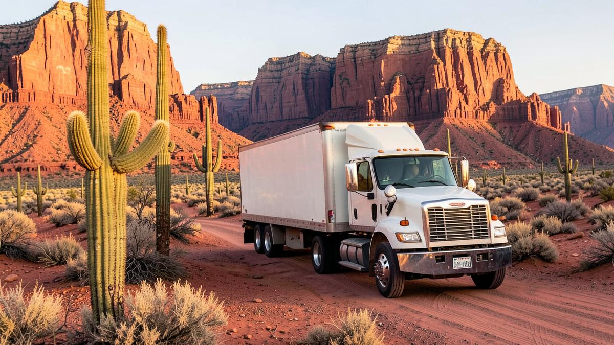 Car carrier truck crossing the Arizona desert on the California to Arizona shipping lane