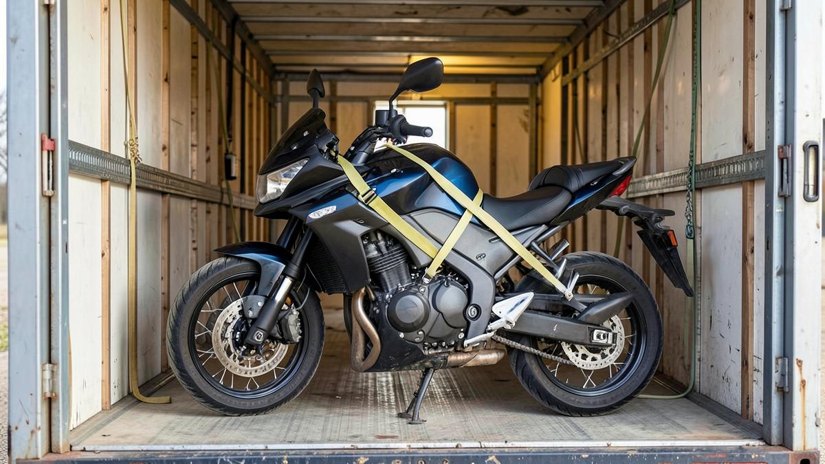 Motorcycle strapped into a wheel chock inside an enclosed transport trailer